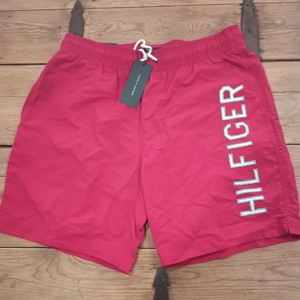 NWT Tommy Hilfiger Red Logo Swim Trunks Mens M Beach Vacation